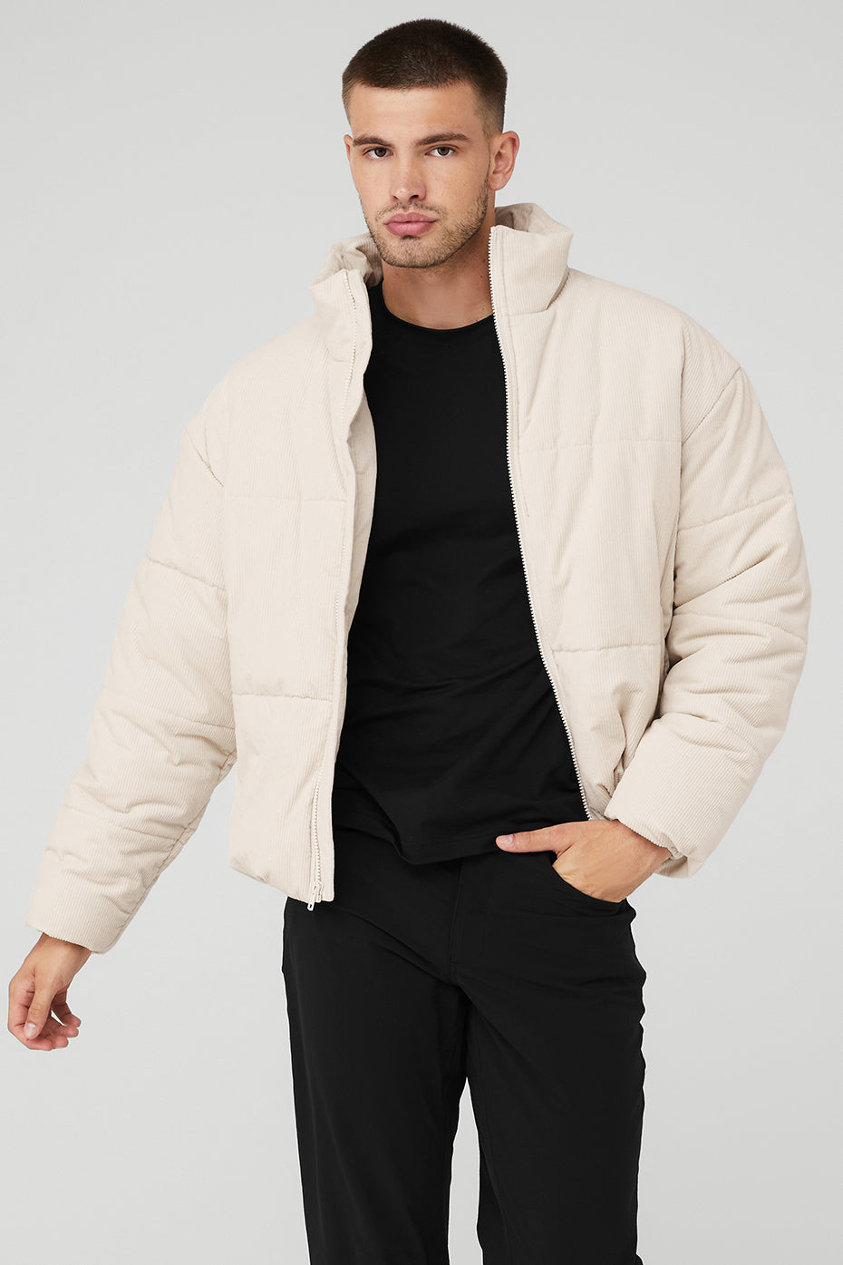Beige Men's Alo Yoga Corduroy Stage Puffer Jackets | IWQ-125430