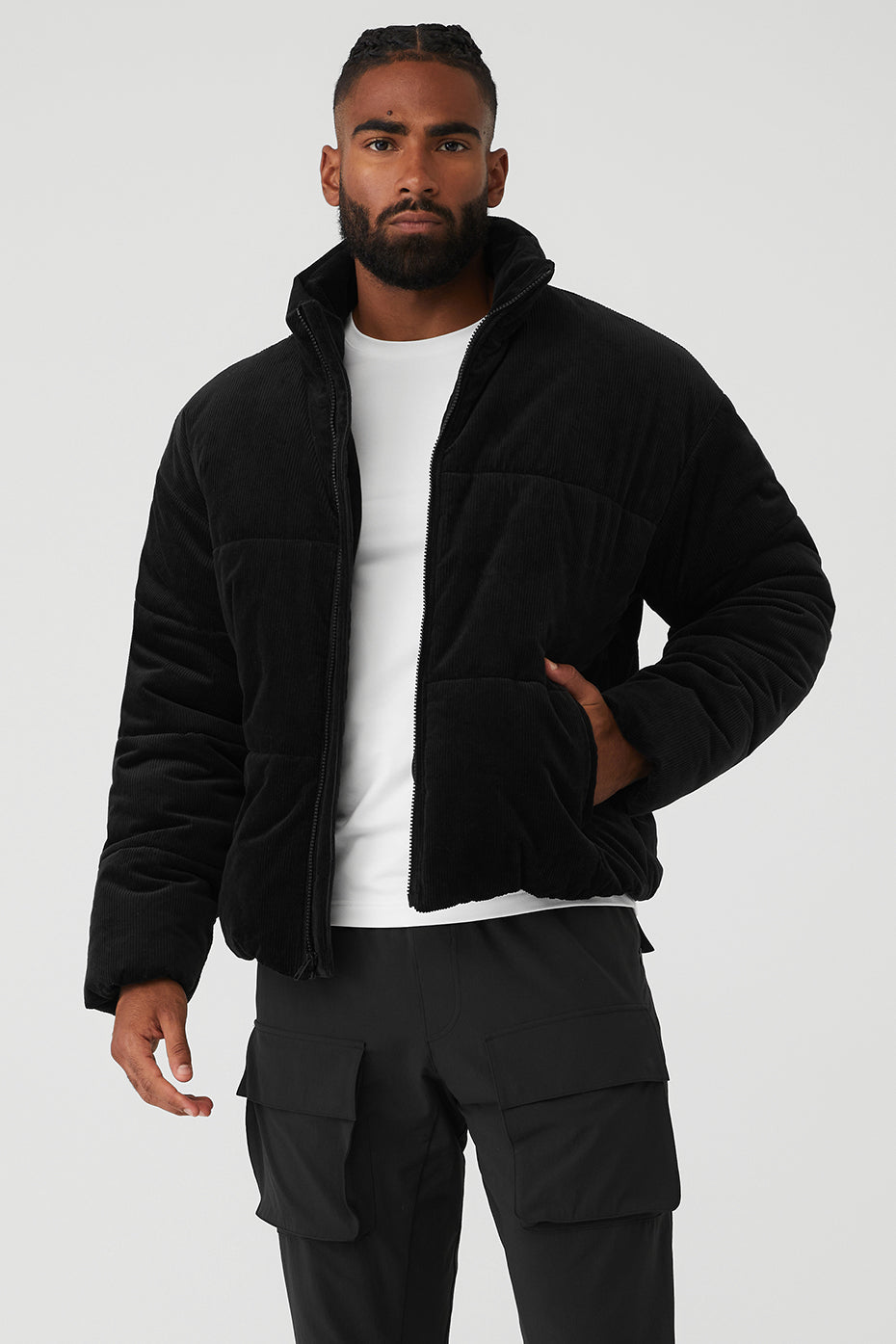 Black Men's Alo Yoga Corduroy Stage Puffer Jackets | YGH-927516
