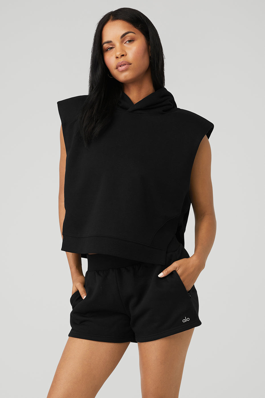 Black Women's Alo Yoga Cropped Headliner Shoulder Pad Sleeveless Coverup Tanks | KXF-107382