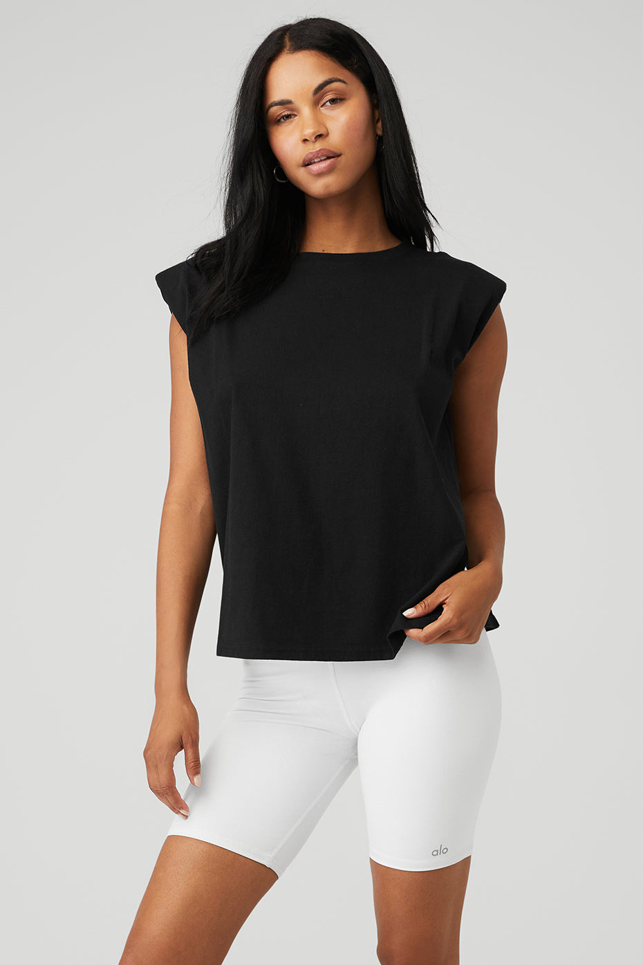 Black Women's Alo Yoga Headliner Shoulder Pad Sleeveless Tee Tanks | EQD-328617
