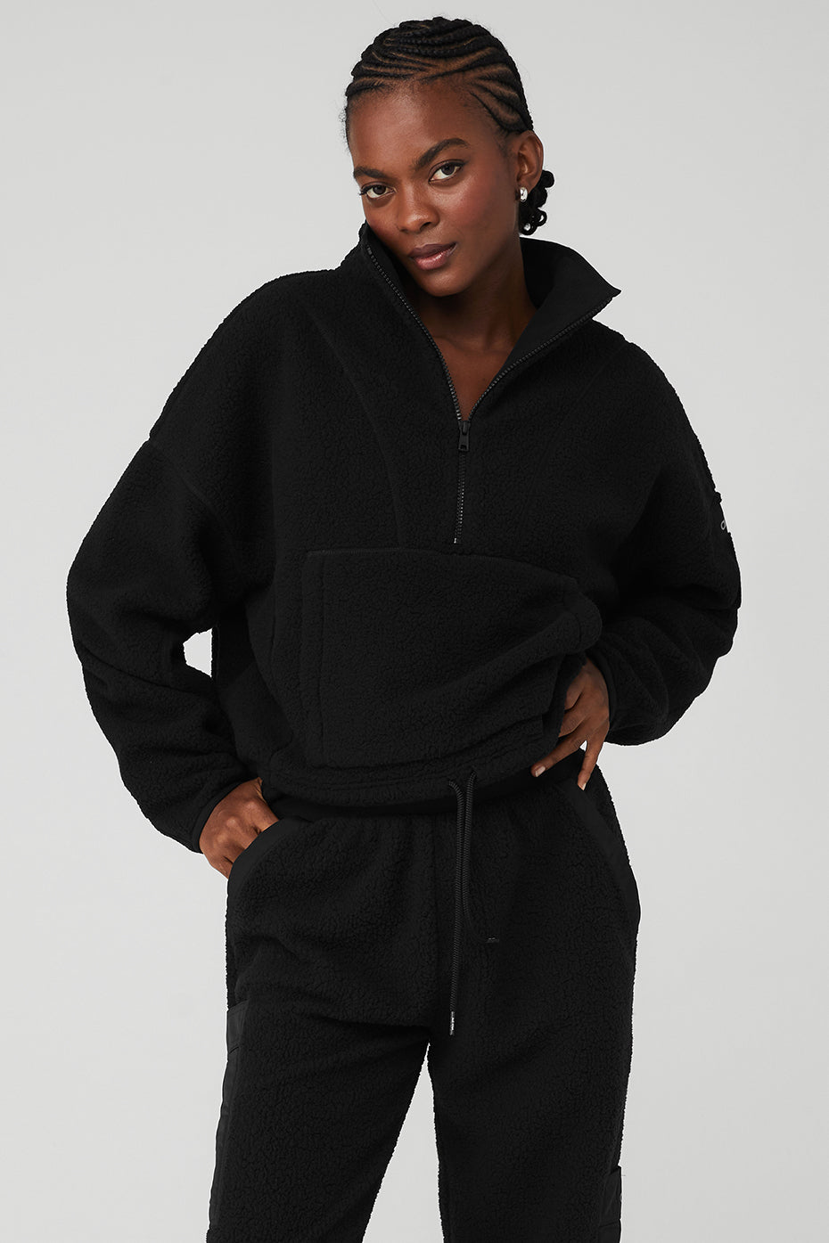 Black Women's Alo Yoga Micro Sherpa Cozy Cabin Half Zip Pullover Sweatshirts | MFD-193687