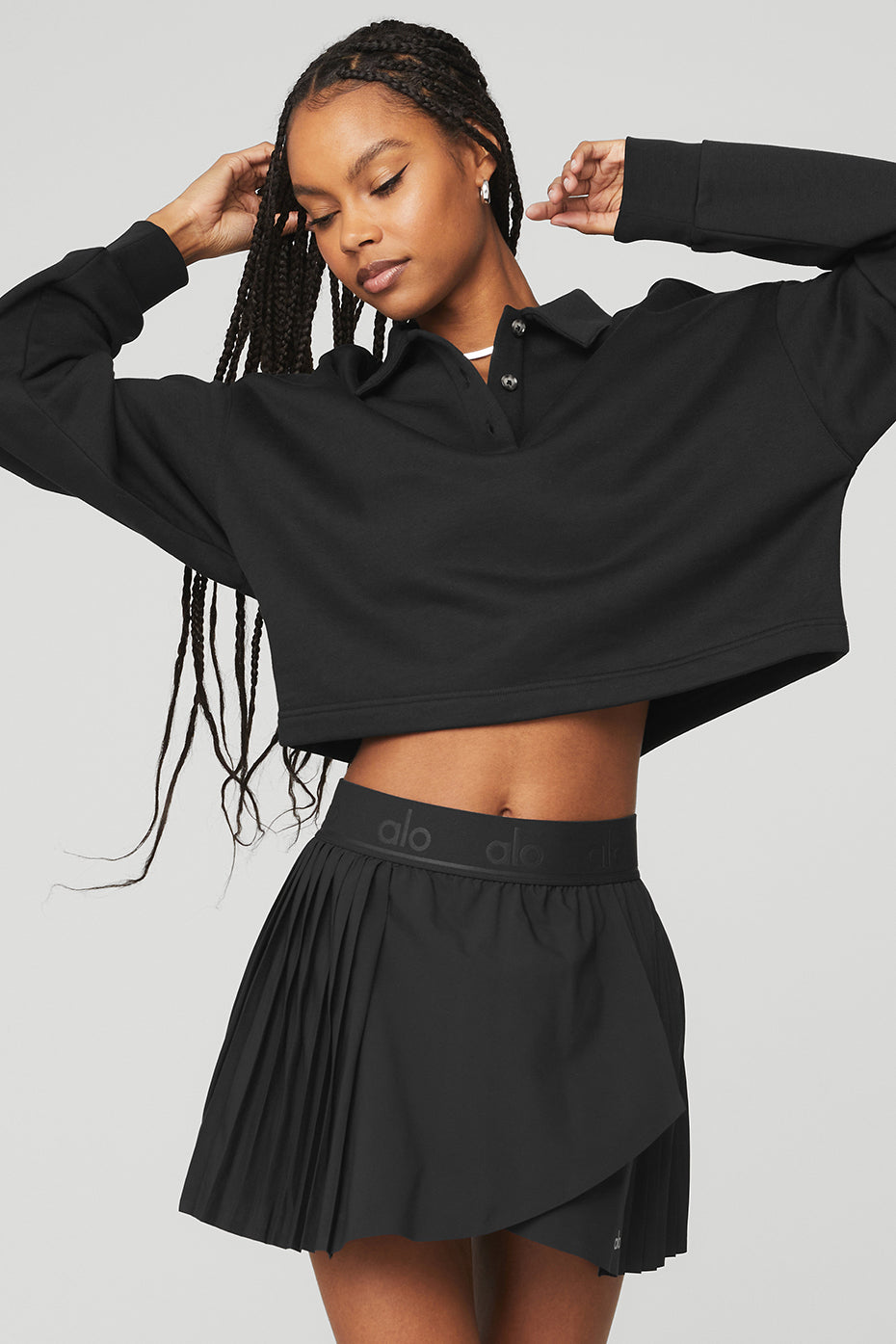 Black Women's Alo Yoga Polo Henley Pullover Long Sleeve | IOR-938452