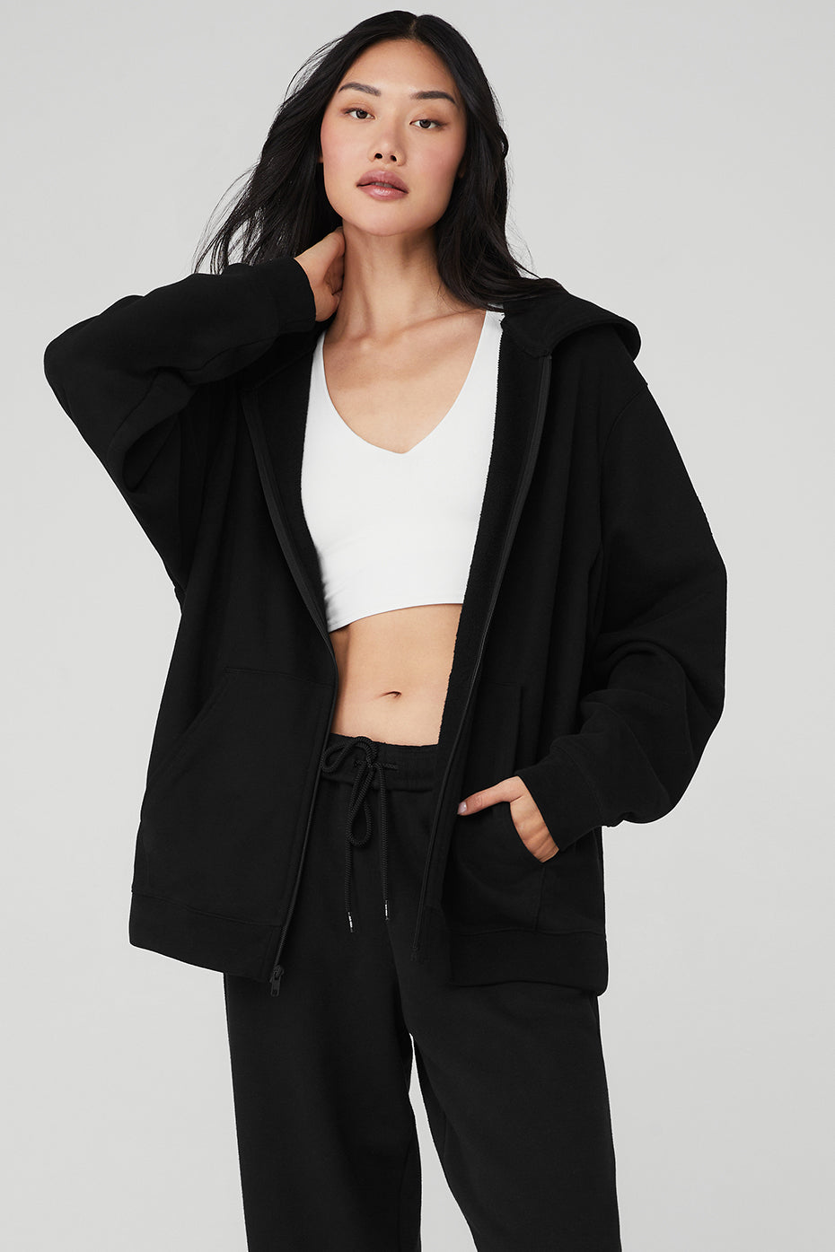 Black Women's Alo Yoga Renown Heavy Weight Full Zip Hoodie | TKP-869402