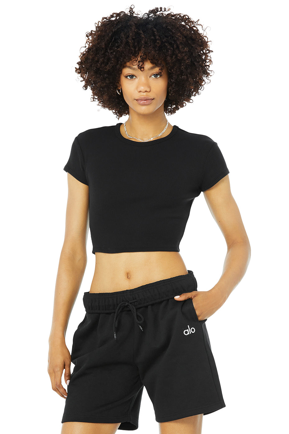 Black Women's Alo Yoga Ribbed Short Sleeve | LZH-362098