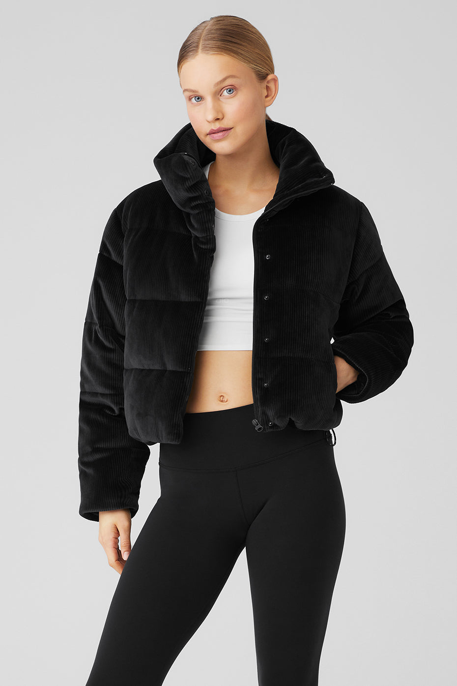 Black Women's Alo Yoga Ribbed Velour Gold Rush Puffer Jackets | MPZ-031648