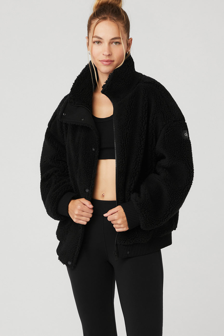 Black Women's Alo Yoga Sherpa Varsity Jackets | XST-016537