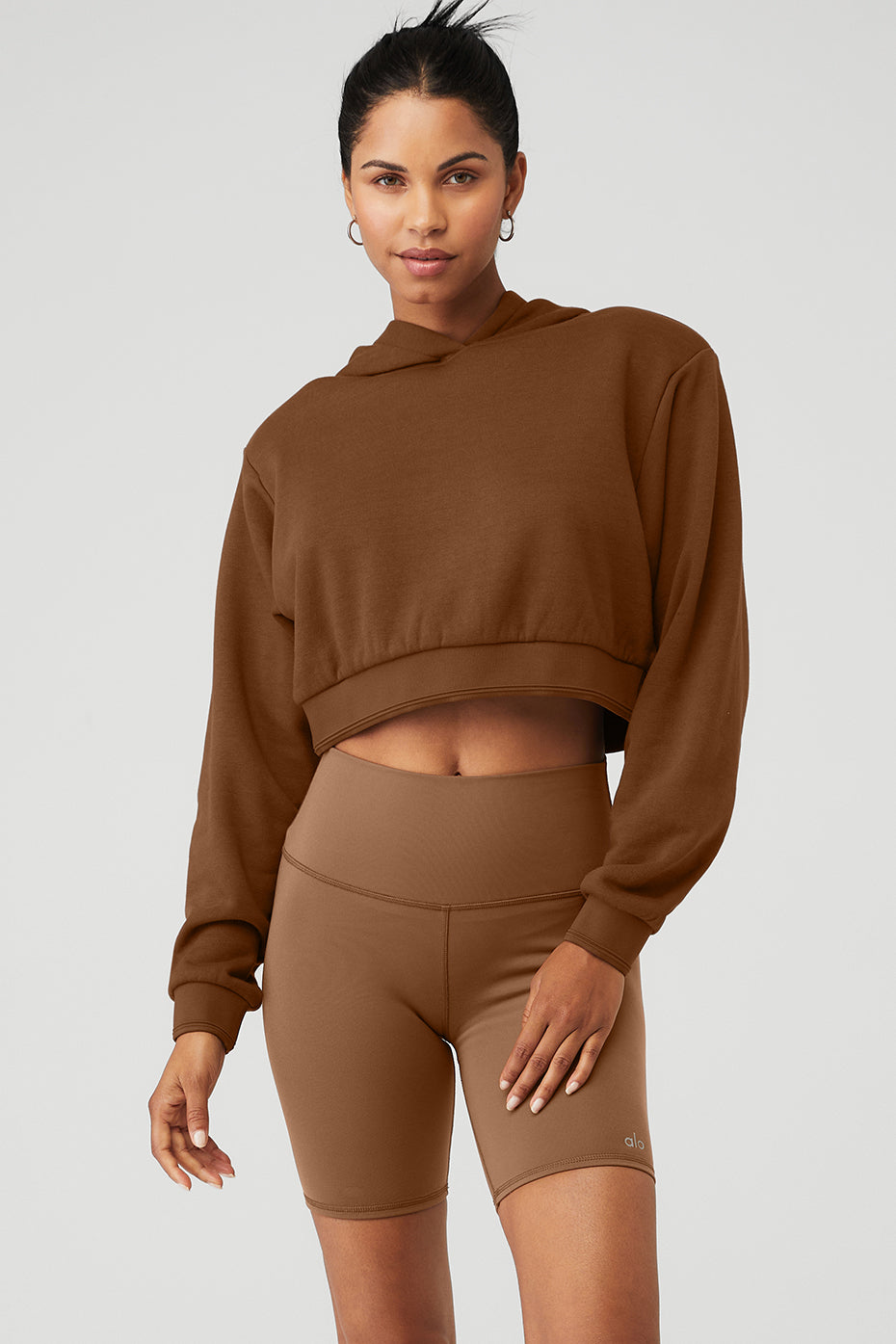 Brown Women's Alo Yoga Cropped Headliner Shoulder Pad Hoodie | JYD-235708
