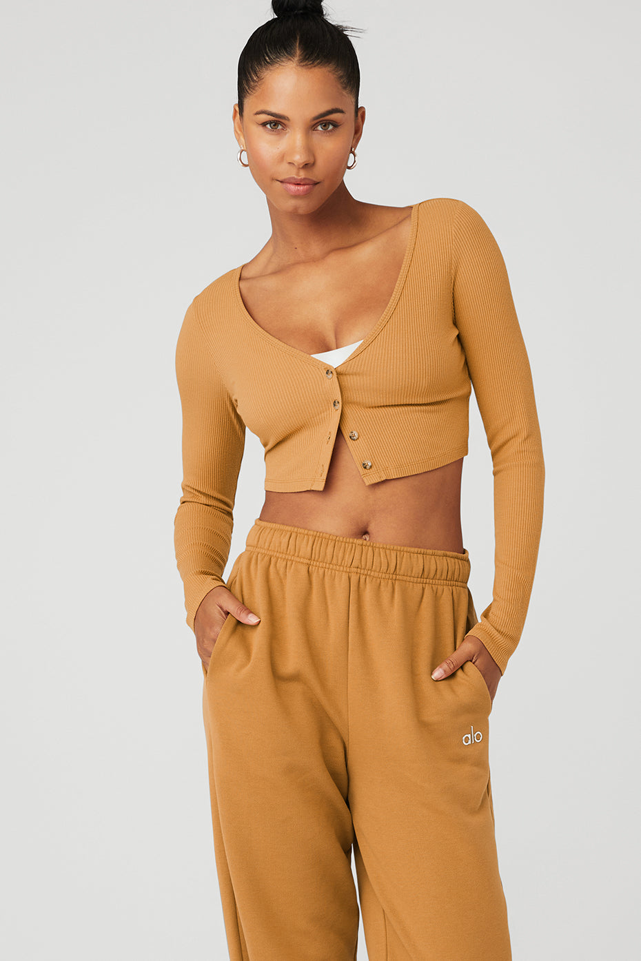 Brown Women's Alo Yoga Ribbed Cropped Whisper Cardi Long Sleeve | IMR-126537
