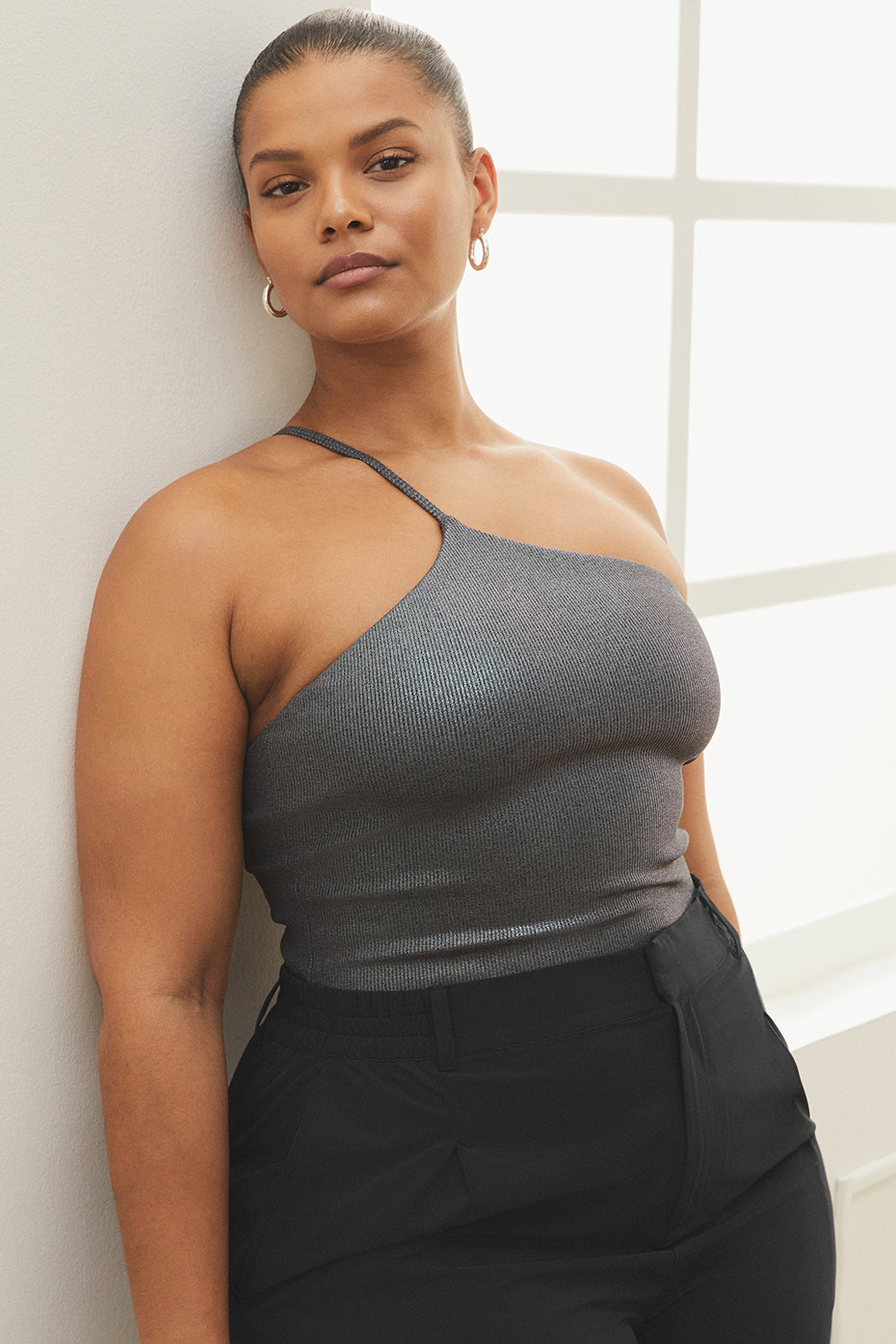 Dark Grey Women's Alo Yoga Alosoft Ribbed Shimmer Plie Bodysuit | CAM-136450
