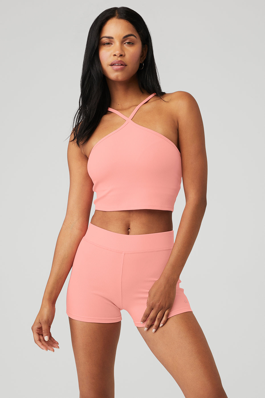 Rose Pink Women's Alo Yoga Goddess Ribbed Cross Crop Tanks | ZTO-835910